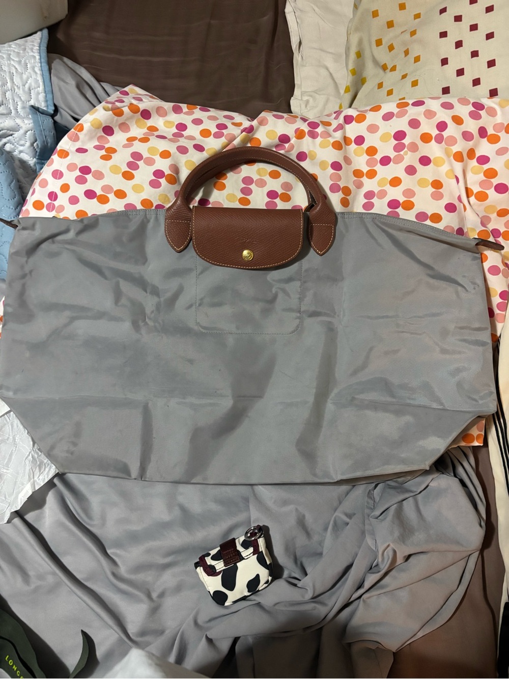 Longchamp Le Pliage Large Foldable Tote - Gray with Brown Trim